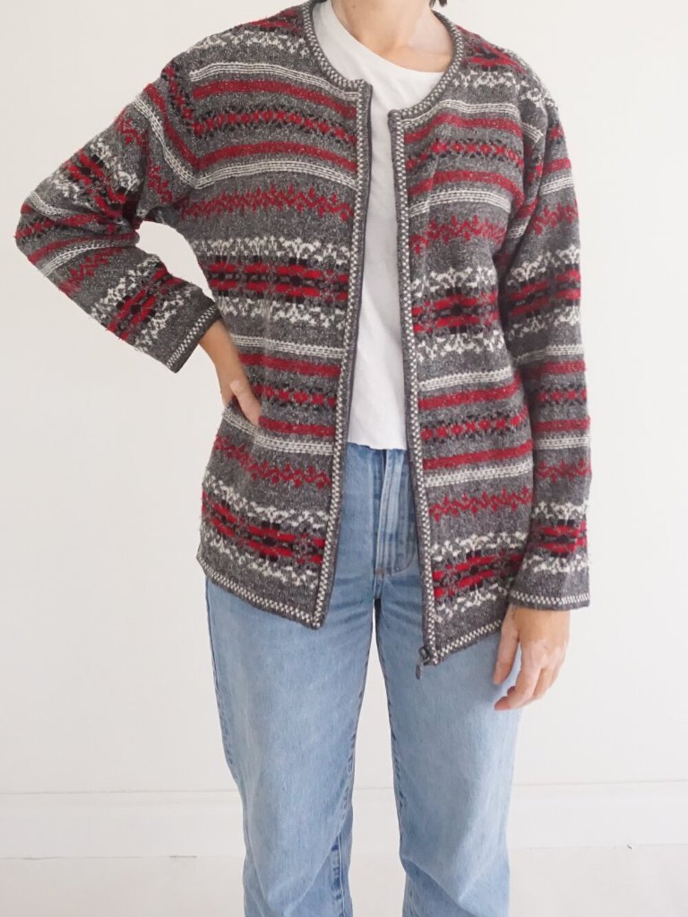Vintage DressBarn Gray Fair Isle Nordic Zip Front Knit Cardigan Geometric 1X